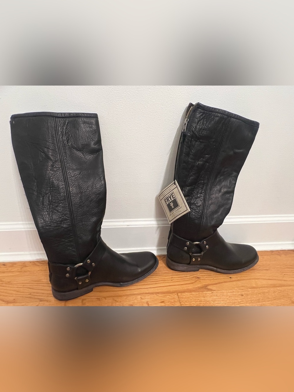 Frye Black Leather Harness Boots with Zipper